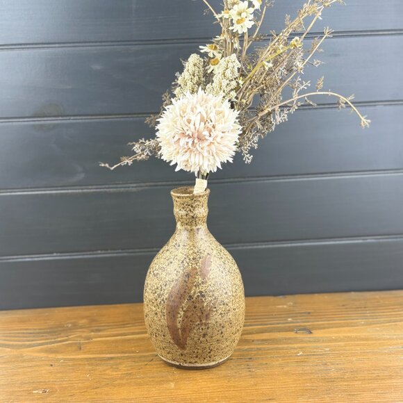 Vintage Studio Pottery Speckled Bud Vase Earth Tones Hand Thrown Ceramic Bottle - Picture 2 of 13